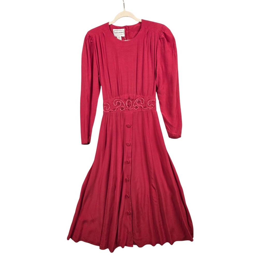 Vintage Karin Stevens Dress Womens Medium Red Rayon Embroidered Waist‎ Midi 80s
